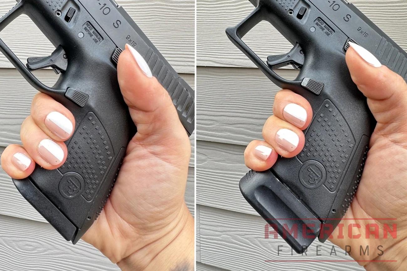 I have small hands and can get a full grip with the flush-fit magazine. The +2 mag is a better fit for my husband (and anyone with large hands.)