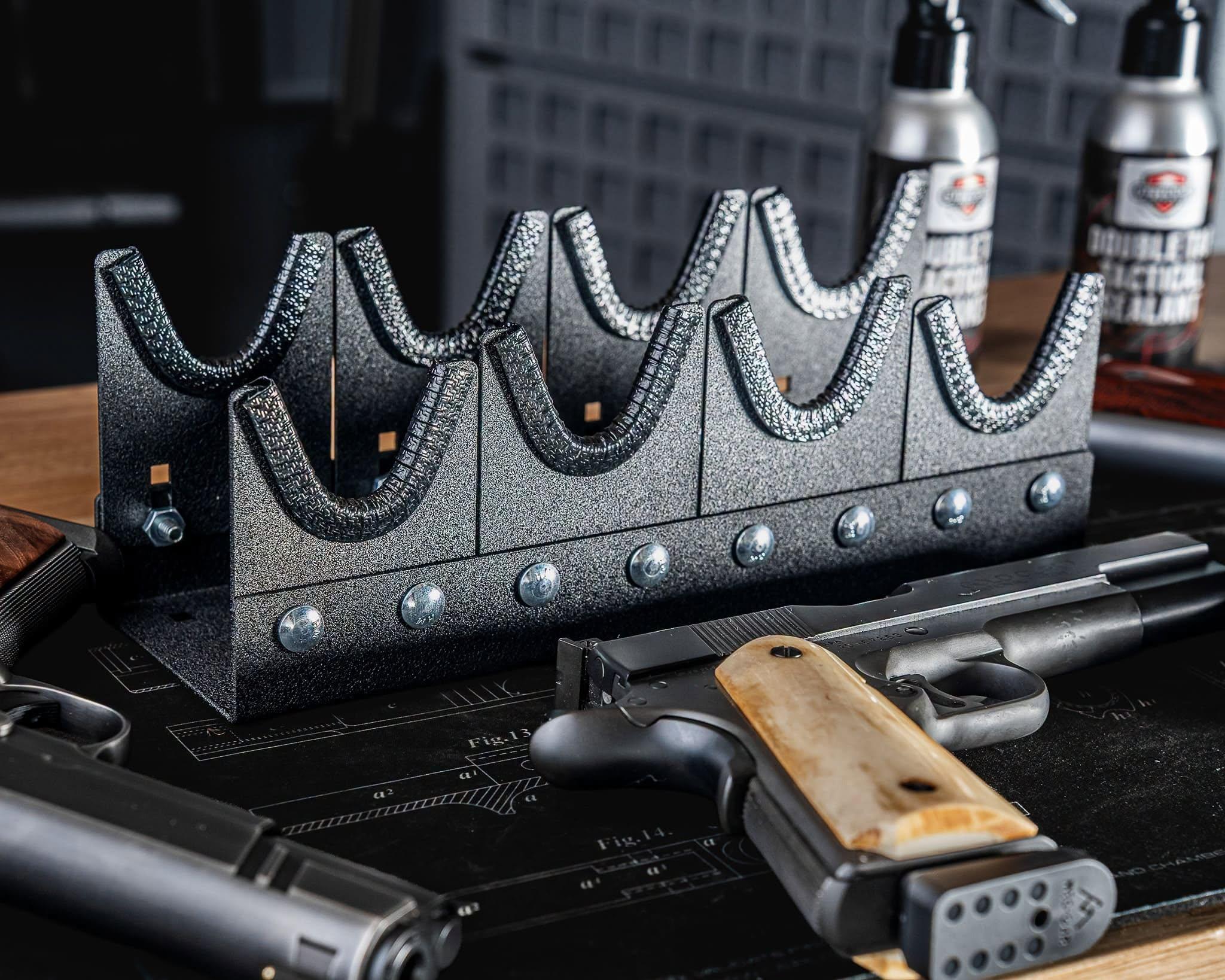 Pistol racks help you store awkwardly shaped objects securely without scuffing the finish.