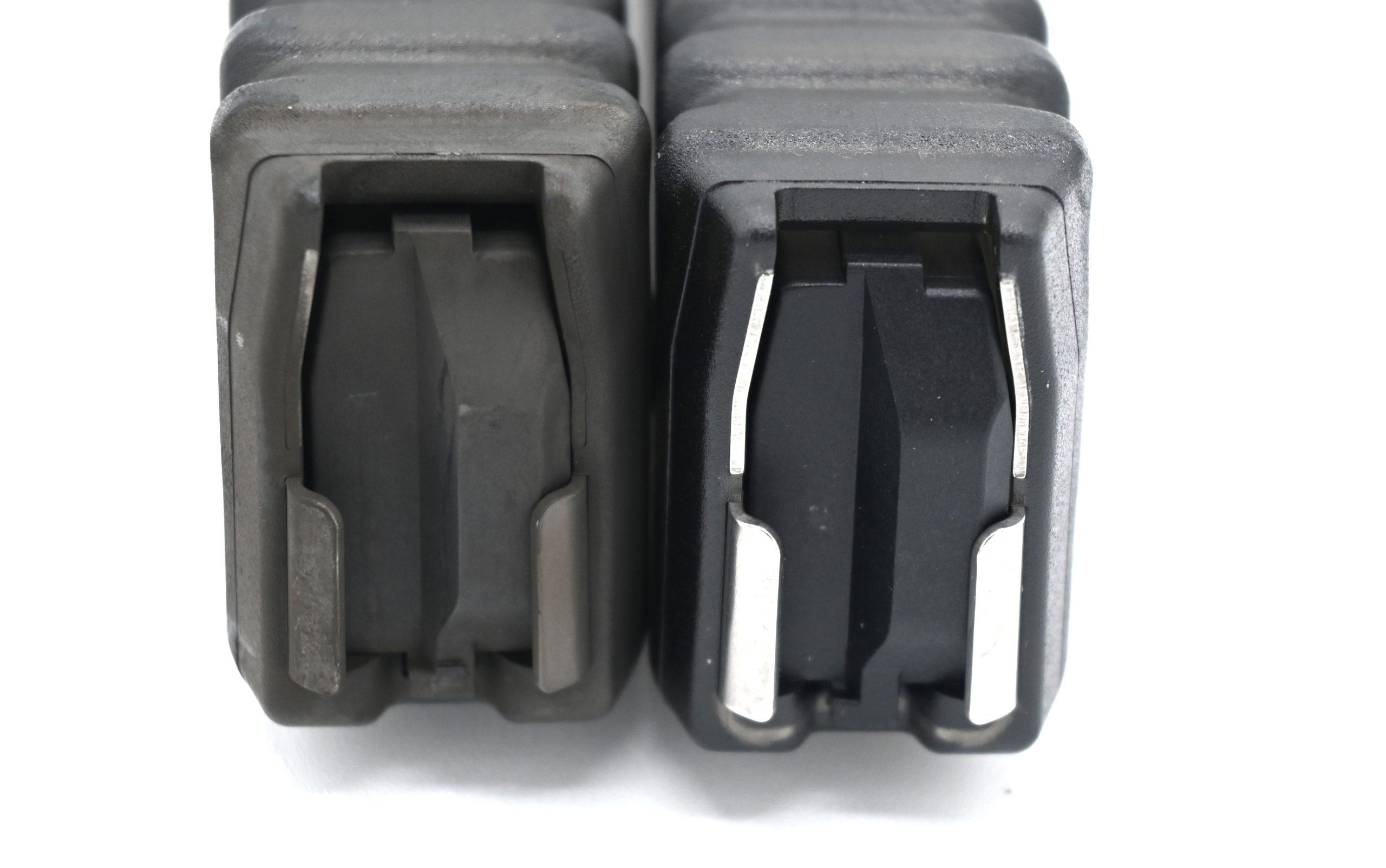 The steel feed lips are a nice touch (new to the right, 500 rounds later to the left) but without a speed loader your thumbs will find plenty to complain about loading 30 rounds.