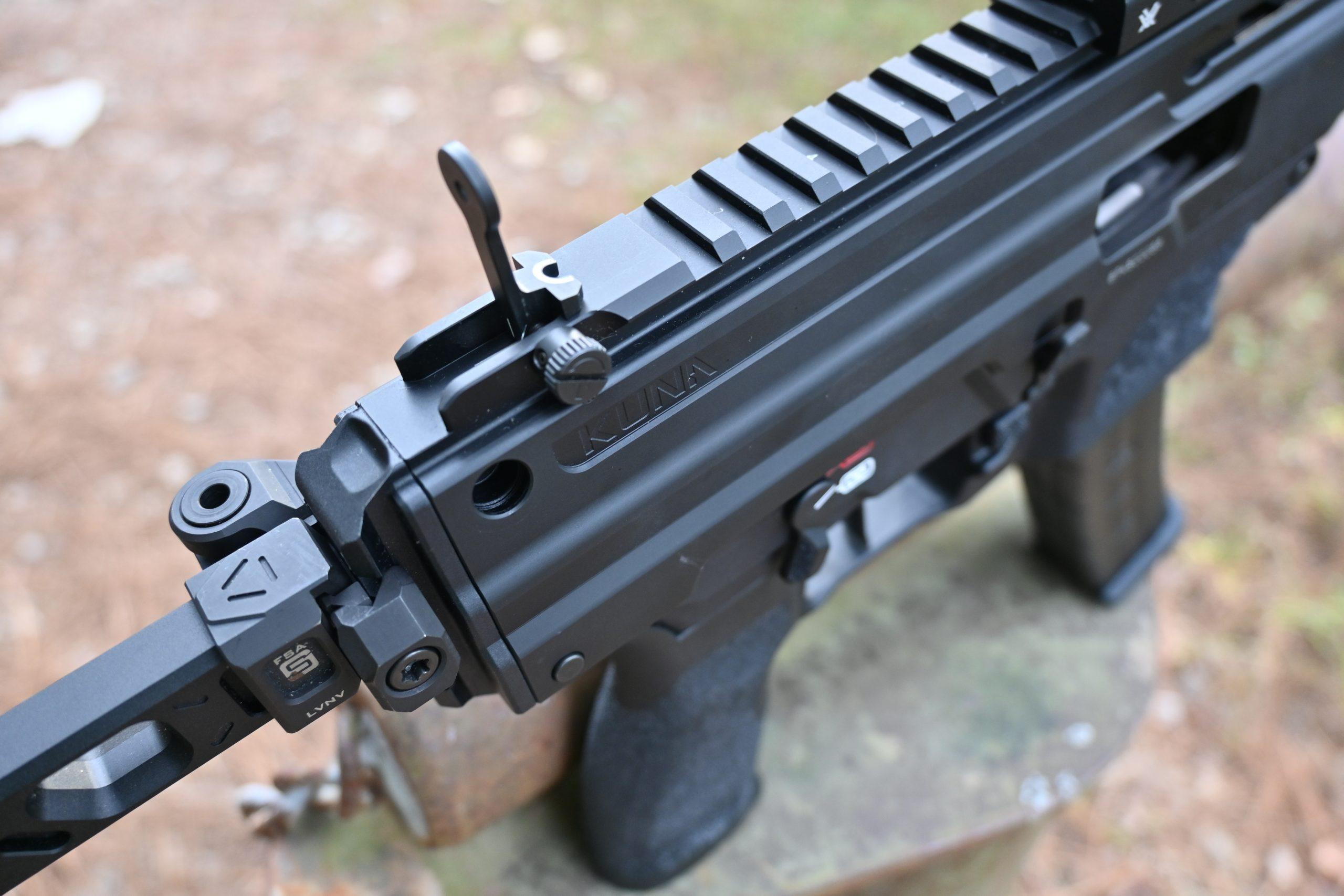 The upper is built around a single piece of forged 7075-T6 aluminum with Type III hardcoat anodizing.