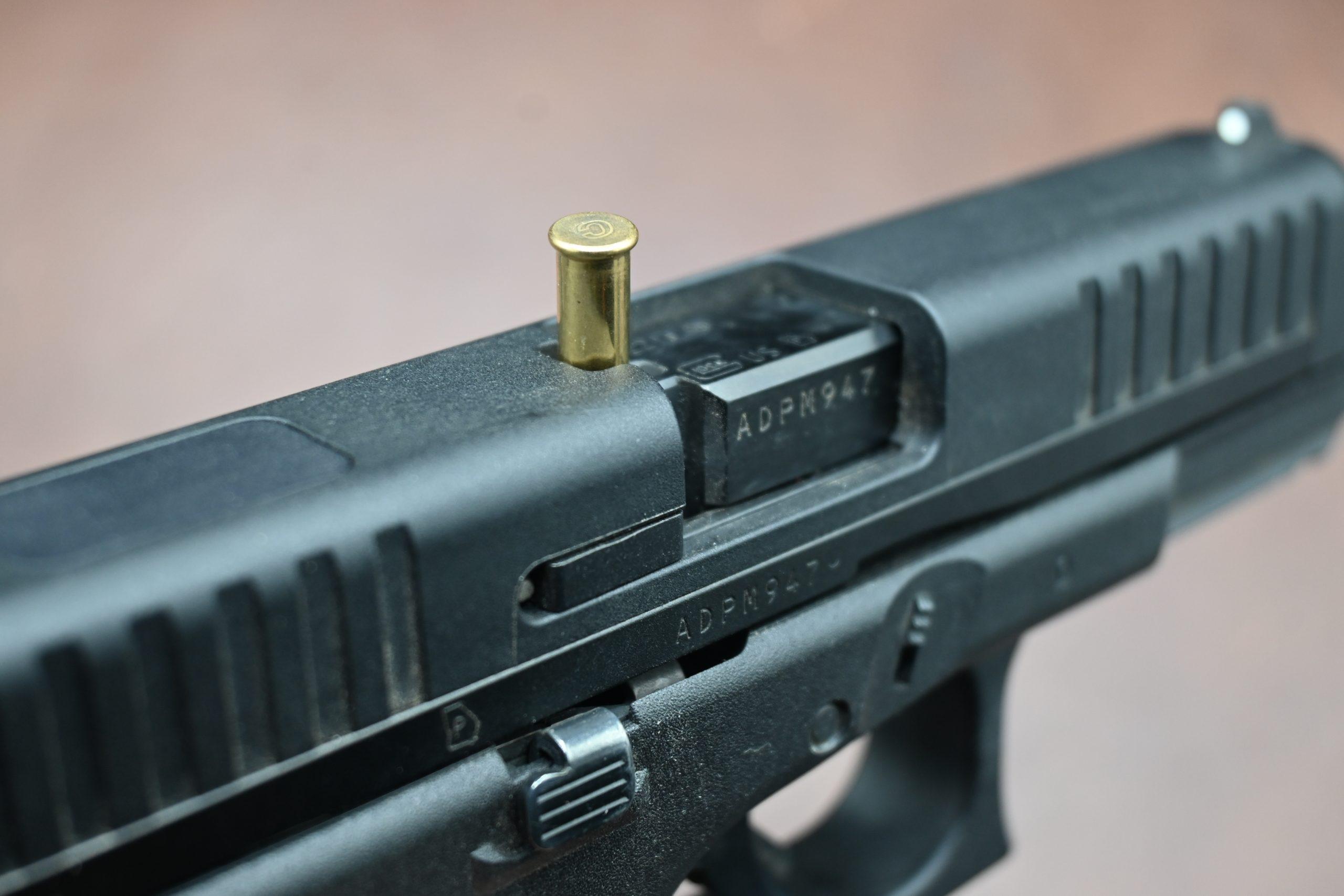 Stovepipe malfunction cleared from the Glock 44 during reliability testing.